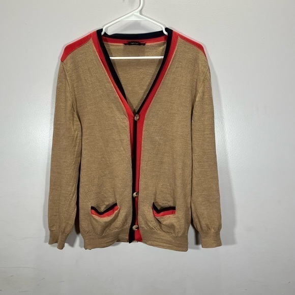 Marc Jacobs Women’s Tan Red Striped 100% Wool Button Front Cardigan Sweater - Picture 3 of 13